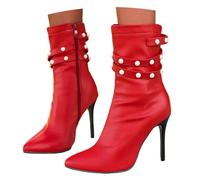 MEECHI Botas Cortas Sexis De Punta Fina Botines De Tacón De Aguja for Mujer Botines Elegantes con Perlas Zapatos De Tobillo De Cuero De PU con Cremallera Tacones Altos for Otoño/Invierno(Red,43 EU)