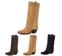 MEECHI Botas De Caña Larga Sin Cordones Zapatos De Transición De Primavera For Mujer con Tacones Boots Cowboy Western For Country, Rodeos Botas De Montar con Punta Cuadrada De Ante(Beige,38 EU)