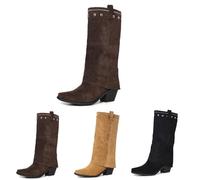 MEECHI Botas De Caña Larga Sin Cordones Zapatos De Transición De Primavera For Mujer con Tacones Boots Cowboy Western For Country, Rodeos Botas De Montar con Punta Cuadrada De Ante(Brown,38 EU)