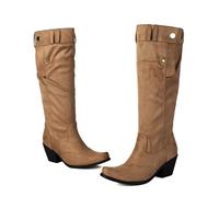 MEECHI Botas De Montar De Ante For Mujer Botas Vaqueras Western Retro con Tacón Ancho Casuales Zapatos Sin Cordones De Punta Afilada For Campo/rodeos(Beige,36 EU)