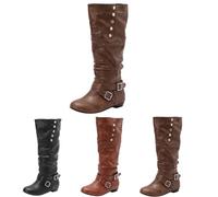 MEECHI Botas De Montar Retro con Pliegues 2025 Boots De Caña Alta For Mujer con Tacón Bajo Otoño-Invierno Botas Sin Cordones De Cuero PU con Doble Hebilla(Brown,42 EU)
