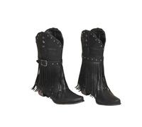 MEECHI Botas De Montar Vintage Botas Vaqueras Western De Media Caña For Mujer con Flecos Botines De Punta con Remaches Zapatos Sin Cordones De Tubo Ancho De Cuero PU con Tacón(Black,37 EU)