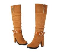 MEECHI Botas De Montar Vintage con Hebilla De Cinturón Boots Mujer Ante De Caña Larga con Tacón Botas De Nieve Cálidas con Forro De Felpa Y Cremallera Zapatos Sin Cordones con Tubo Ancho(Brown,41 EU)