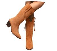 MEECHI Botas Vaqueras Estilo Western con Flecos Boots Largas for Mujer con Tacón De Bloque Zapatos Cálidos Sin Cordones con Punta Puntiaguda for Otoño-Invierno Botas De Montar De Ante(Brown,42 EU)