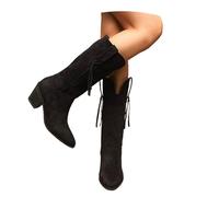 MEECHI Botas Vaqueras Estilo Western con Flecos Boots Largas for Mujer con Tacón De Bloque Zapatos Cálidos Sin Cordones con Punta Puntiaguda for Otoño-Invierno Botas De Montar De Ante(Black,42 EU)