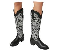 MEECHI Botas Vaqueras Estilo Western for Mujer Botas Largas Vintage con Bordado 2025 Zapatos Sin Cordones De Tubo Ancho con Tacón De Bloque for Mujer(Black,38 EU)