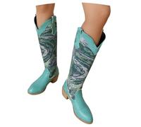 MEECHI Botas Vaqueras Estilo Western for Mujer Botas Largas Vintage con Bordado 2025 Zapatos Sin Cordones De Tubo Ancho con Tacón De Bloque for Mujer(Blue,37 EU)