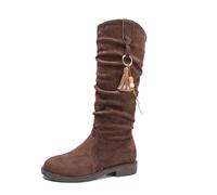 MEECHI Botas Vaqueras Western con Flecos Boots De Caña Alta For Mujer con Tacón Ancho Botas De Montar Retro De Ante Boots De Entretiempo Zapatos Sin Cordones De Talla Grande 43EU(Brown,38 EU)