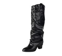 MEECHI Botas Vaqueras Western Retro Boots Altas con Tacón for Mujer Botas De Montar De Cuero PU con Tubo Ancho Y Remaches Zapatos Casuales Sin Cordones for Campo/rodeos(Black,38 EU)