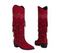 MEECHI Botas Vaqueras Western Retro con Flecos Boots De Tacón con Punta Afilada For Mujer Zapatos Sin Cordones De Ante Cálidos For Otoño E Invierno Botas De Montar Informales For Rodeo(Red,36 EU)