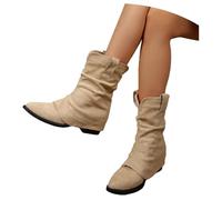 MEECHI Botas Vaqueras Western Retro for Mujer Botines De Ante con Tacón Botines De Punta Estrecha Botas Sin Cordones De Caña Ancha Zapatos De Tobillo De Primavera for Campo Y Rodeo(Beige,43 EU)