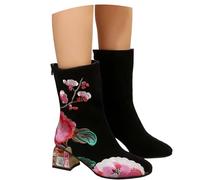 MEECHI Botines Chelsea for Mujer Botas Cortas Retro con Bordado Floral Boots Elegantes De Tacón Cuadrado Botines De Ante con Cremallera Tacones Altos De Otoño E Invierno for Fiesta(36 EU)