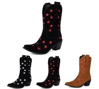 MEECHI Botines De Ante 2025 Botas Vaqueras Western For Mujer con Bordado Botines Retro De Tacón Cuadrado Zapatos Casuales Sin Cordones De Tubo Ancho For Primavera/otoño/Invierno(Red,36 EU)