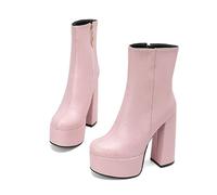 MEECHI Botines De Plataforma con Tacón Ancho Botas Cortas De Cuero De PU For Mujer con Cremallera Lateral Elegantes Tacones Altos De 14 Cm For Fiesta(Pink,41 EU)