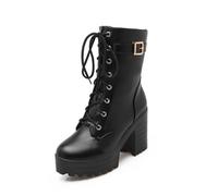 MEECHI Botines Góticos con Plataforma Boots Moteros De Cuero PU for Mujer Botas Cortas Tacón Bloque con Hebilla Botas con Cordones Otoño Invierno Zapatos De Tobillo for Fiesta(Black,38 EU)