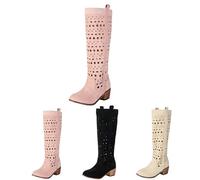 MEECHI Botines Huecos Botas Vaqueras Western De Verano For Mujer Boots Largas De Ante Botas De Montar con Punta Redonda Y Tacón Ancho Zapatos Casuales De Tubo Ancho Sin Cordones(Pink,37 EU)