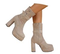 MEECHI Botines Retro De Ante Botas Cortas con Plataforma Y Tacón Ancho For Mujer Elegantes Botines con Hebilla Tacones Altos De Punta Cuadrada con Cremallera Zapatos De Estilo Británico(Beige,38 EU)