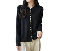 MEECHI Cárdigans De Cachemira For Mujer con Botones De Colores Elegante Suéter De Lana De Manga Larga Y Cuello Redondo Ropa De Abrigo Vintage For Otoño E Invierno(Black,L)