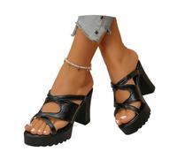 MEECHI Mules De Cuero De PU for Mujer Sandalias Cómodas De Tallas Grandes 2026 Pantuflas con Plataforma Y Tacón Cuadrado Tacones Altos Peep Toe De Verano con Plantilla Suave