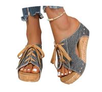 MEECHI Pantuflas De Denim Vintage Sandalias con Cordones For Mujer De Tallas Grandes Mules con Plataforma Y Cuña De 7 Cm 2026 Zapatos De Playa Antideslizantes Cómodos De Verano(Black,42 EU)