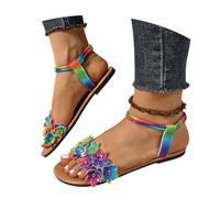 MEECHI Sandalias Coloridas con Flores Sandalias Planas De Estudiante con Banda Elástica Sandalias Romanas De Verano con Punta Abierta Zapatos De Playa Casuales for Mujer En Tallas Grandes(40 EU)