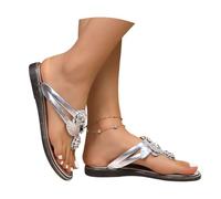 MEECHI Sandalias De Dedo for Mujer De Verano Chanclas Planas con Flor De Strass Pantuflas con Puntera De Clip Zapatillas Ortopédicas Flip Flops De Cuero De PU Zapatos De Playa Bohemios(Silver,37 EU)