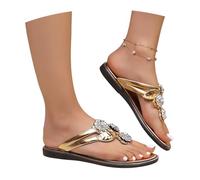 MEECHI Sandalias De Dedo for Mujer De Verano Chanclas Planas con Flor De Strass Pantuflas con Puntera De Clip Zapatillas Ortopédicas Flip Flops De Cuero De PU Zapatos De Playa Bohemios(Gold,40 EU)