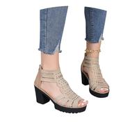 MEECHI Sandalias Elegantes con Tacón De Bloque Sandalias Caladas for Mujer Botines De Verano con Punta Abierta Y Cremallera Sandals Romanas con Pedrería Zapatos De Noche Tacones Altos(Beige,40 EU)