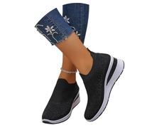 MEECHI Zapatillas Brillantes con Strass Zapatos De Mujer Sin Cordones for Caminar con Tacón De Cuña Zapatos Ortopédicos Ligeros Y Cómodos Sneaker De Malla Tejida for Primavera/Verano(Black,38 EU)