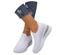MEECHI Zapatillas Brillantes con Strass Zapatos De Mujer Sin Cordones for Caminar con Tacón De Cuña Zapatos Ortopédicos Ligeros Y Cómodos Sneaker De Malla Tejida for Primavera/Verano(White,39 EU)
