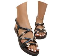 MEECHI Zapatos De Novia De Verano 2026 Sandalias Planas con Purpurina Y Flores De Strass Sandalias Romanas Vintage De Mujer con Hebilla Zapatos De Playa Bohemios De Ocio for Vacaciones(Black,36 EU)