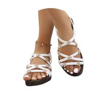 MEECHI Zapatos De Novia De Verano 2026 Sandalias Planas con Purpurina Y Flores De Strass Sandalias Romanas Vintage De Mujer con Hebilla Zapatos De Playa Bohemios De Ocio for Vacaciones(White,39 EU)