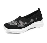 MEECHI Zapatos Ortopédicos De Plataforma con Bordado Floral Walking Shoes Casuales for Mujer Sneaker Ligeras Sin Cordones Zapatillas De Running De Verano De Malla Transpirable(Black,39 EU)