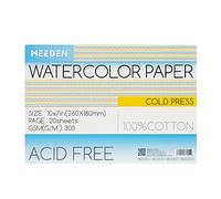 MEEDEN Bloque de Papel de Acuarela de Algodón 100% - 20 Hojas, 140lb/300gsm, Libre de Ácido Para Gouache, Tinta y Más - 26×18 cm, Prensa Fría