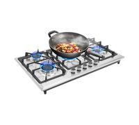 MEELRYD Cocina de gas de 5 fuegos, 86 cm de acero inoxidable con protección automática de llama, GLP y gas natural convertible, para uso en cocinas domésticas o comerciales