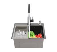 MEELRYD Fregadero de 40 x 45 cm, color negro, 1 lavabo, fregadero empotrable, fregadero de cocina rectangular con escurridor, dispensador de jabón y juego de drenaje para hogares, restaurantes