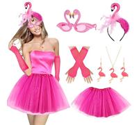 Meemion 6 Pcs Disfraz de Flamenco Rosa para Mujer,Flamenco Accesorios con Diadema,Falda de Tul Rosa,Gafas,Guantes,Pendientes y Collar para Carnaval Fiestas Cosplay