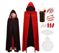 Meemion Capa de Vampiro, Vampiro Capucha Capa Reversible Negro Rojo,Dracula con Tatuaje de Impresión de Sangre y Dientes de Niños Fiesta Halloween Cosplay,120/140 cm (Negro Rojo 120)