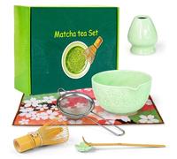 Meenewching Matcha - Juego de 7 cuencos de té de cerámica con diseño de flores de cerezo, juego de ceremonia de té japonesa para preparar matcha, incluye cuenco (Chawan), whisk de bambú (Chasen