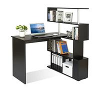 Meerveil Mesa Escritorio en Forma de L, Mesa Despacho Reversible, con Estante Giratorio de 360° para Estudio y Oficina, 157 x 45 x 130,5 cm, Negro