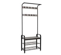 Meerveil Perchero de Pie, Zapatero Entrada Recibidor, Vintage Perchero con Banco, Espacio de Almacenaje, 9 Gancho, Metal, 72 x 34 x 183 cm, Gris