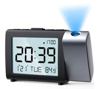 MeesMeek Reloj despertador de proyección digital: Pantalla LCD clara con temperatura fecha 12/24H y modo fin de semana, brillo y volumen ajustables, Reloj a pilas para niños ancianos dormitorio (Azul)