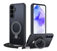 Meeter Funda con Cuerda para Samsung Galaxy A55 5G, [Compatible con MagSafe] Carcasa Cordón con Soporte de Anillo Giratorio, Case Borde de TPU Silicona + Respaldo Translúcido Mate PC Rigida, Negro