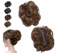 Meetitsneeds Claw Clip Messy Bun Hair Piece, Curly Wavy Hair Tousled Updo Extensions Scrunchie Hairpiece for Women, DIY Short Ponytail Styles (Light Brown-B)
