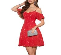Meetjen Vestido corto para mujer, para fiesta formal, hombros descubiertos, tul, brillante, para fiesta de bienvenida a casa, fiesta formal, vestido de fiesta 2025, Rojo, M