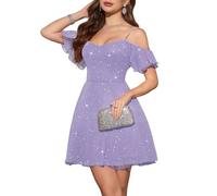 Meetjen Vestido corto para mujer, para fiesta formal, hombros descubiertos, tul, brillante, para fiesta de bienvenida a casa, fiesta formal, vestido de fiesta 2025, Lavanda, S