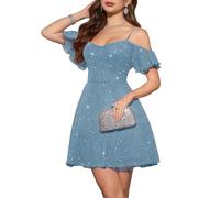 Meetjen Vestido corto para mujer, para fiesta formal, hombros descubiertos, tul, brillante, para fiesta de bienvenida a casa, fiesta formal, vestido de fiesta 2025, Azul grisáceo, M
