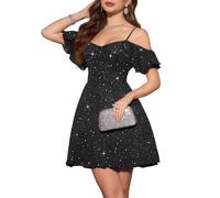 Meetjen Vestido de fiesta con hombros descubiertos para mujer, vestido de fiesta 2025, acampanado, tul, tirantes delgados, vestidos cortos de cóctel, Negro, XS