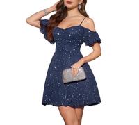 Meetjen Vestido de fiesta con hombros descubiertos para mujer, vestido de fiesta 2025, acampanado, tul, tirantes delgados, vestidos cortos de cóctel, azul marino, XS