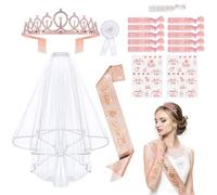 Meetory JGA Accesorios para mujer, 16 piezas de despedida de soltera para mujer, decoración de la novia para ser y equipo de novias con 10 pulseras de novia del equipo, 1 pulsera de novia, faja, velo,